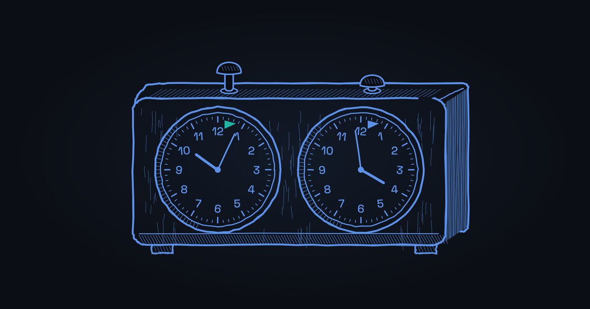 A chess clock in blue line art, one clock running, one flag about to fall